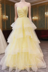 Sweetheart Tulle Yellow Ruffles Long Semi Formal Prom Dress